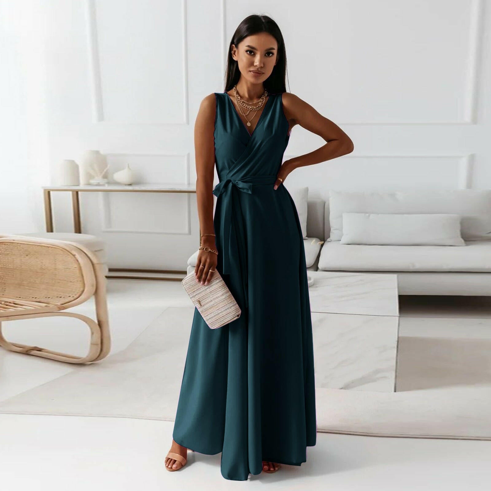 New Women's Solid Color V-Neck Long Dress – Elegant Style.