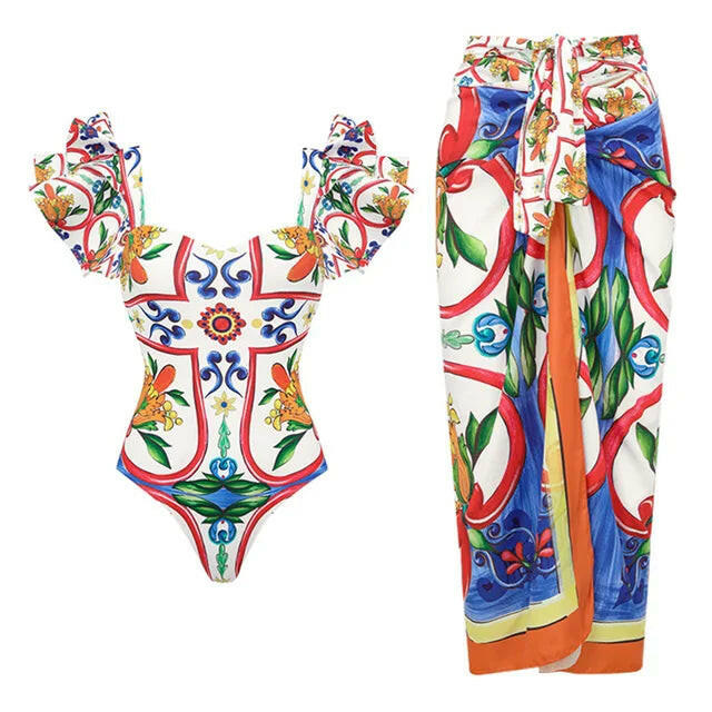 New Women's Lotus Edge Enamel Print Beach Vacation One Piece Swimwear Set.