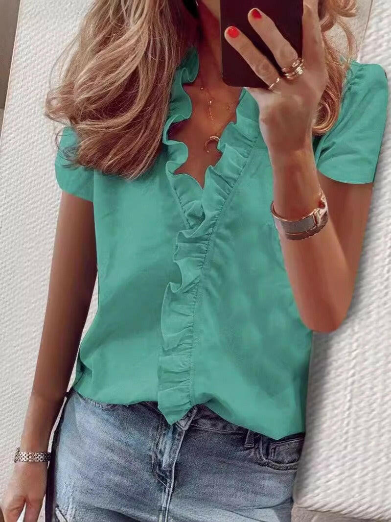 European and American Short-Sleeved Ruffled Shirt for Women.