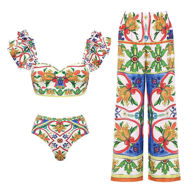 New Women's Lotus Edge Enamel Print Beach Vacation One Piece Swimwear Set.