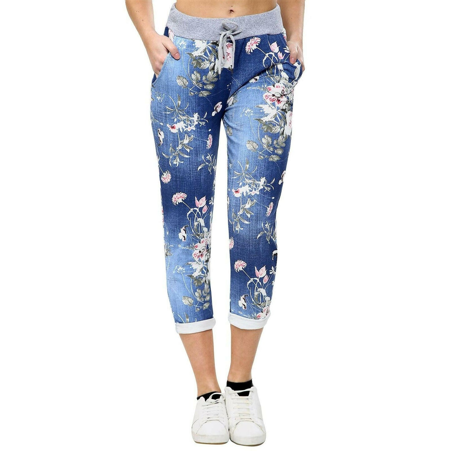 Fashion Printed Denim Elastic Waist Straight Casual Pants for Women.