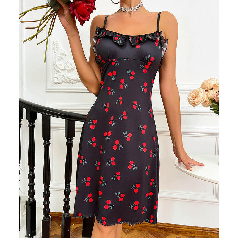 Cherry Heart Printed Sexy Lingerie Nightgown - Elegant & Alluring.