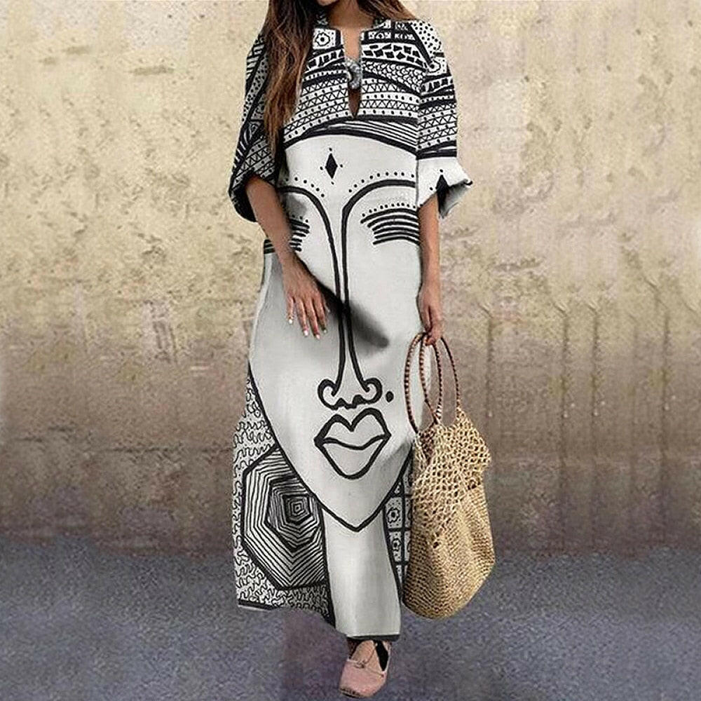 Vintage Portrait Print Dress Abstract Face High Waist Women Dresses.