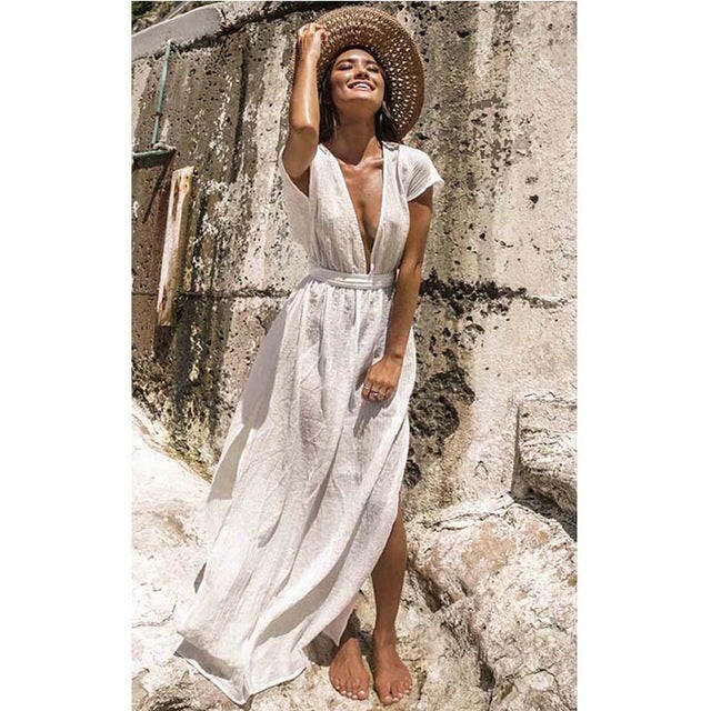 Beach Cover Up Swimsuit White V Neck Bat Sleeves Loose Beach Dresses Swimwear Women Bikini Bathing Suit Summer Beach Wear.