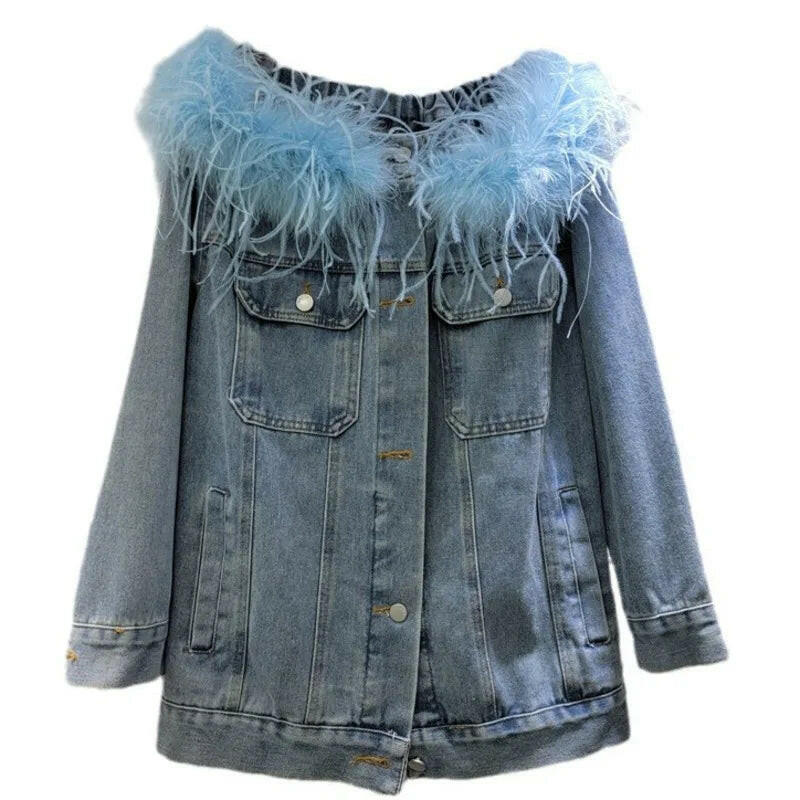 Women's Feather Patchwork Slash Neck Denim Coat – Spring Loose Jacket.