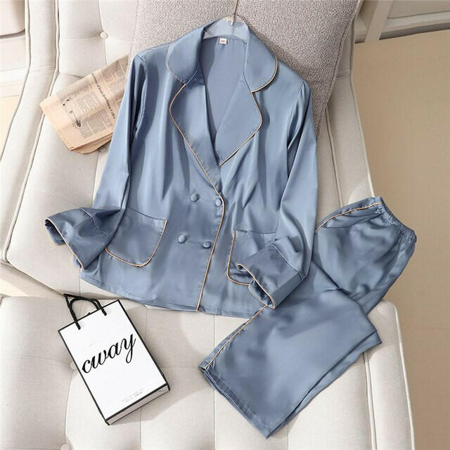 2 Pieces Faux Silk Satin Pajamas Set Autumn Women Sleepwear.