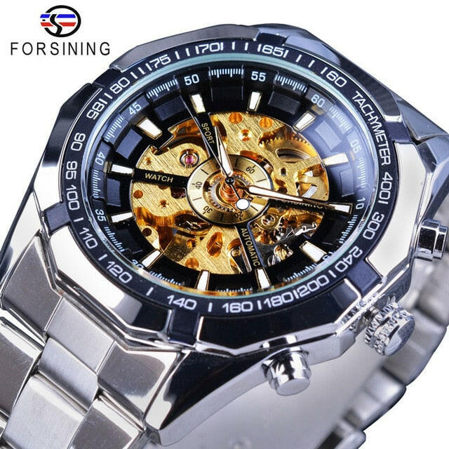 Silver Stainless Steel Waterproof Mens Skeleton Watches Top Brand Luxury Transparent Mechanical Male Wrist Watch.