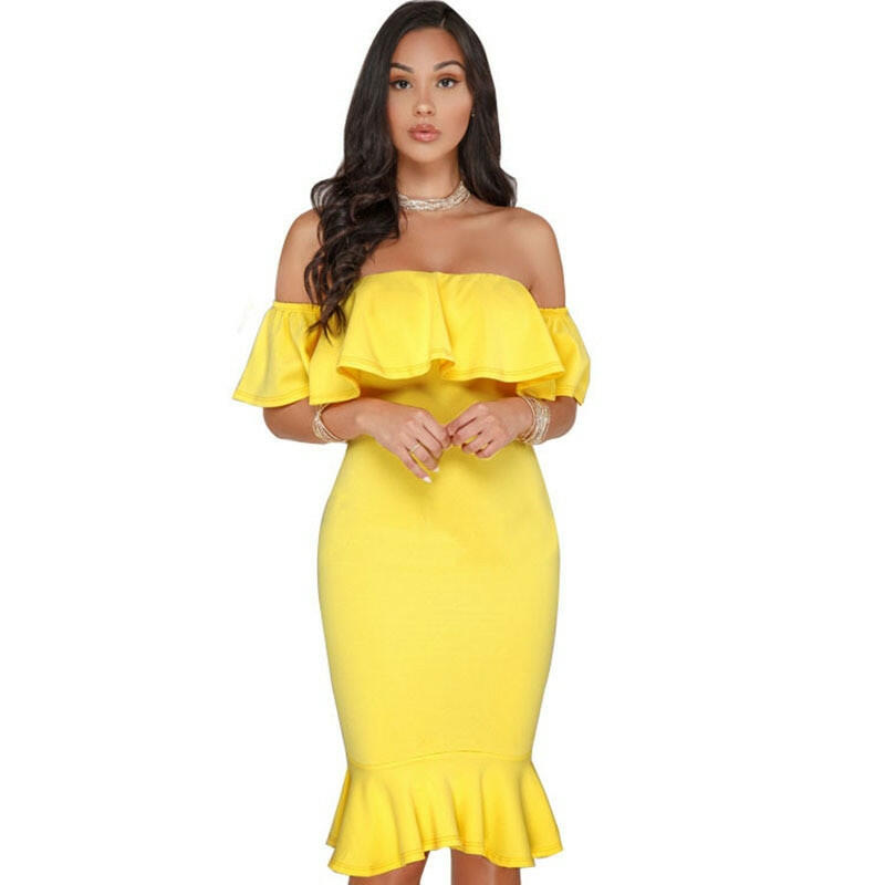 Elegant Yellow Off Shoulder Party Short Dress Women Sexy Backless Ruffles Sleeve Club Dresses Female Clothing.