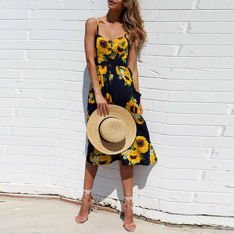 Sexy Women Floral Sleeveless Long Dresses Ladies Spaghetti Strap Sundress Printing Sling Button Backless Sexy Dress 20 Color W6.