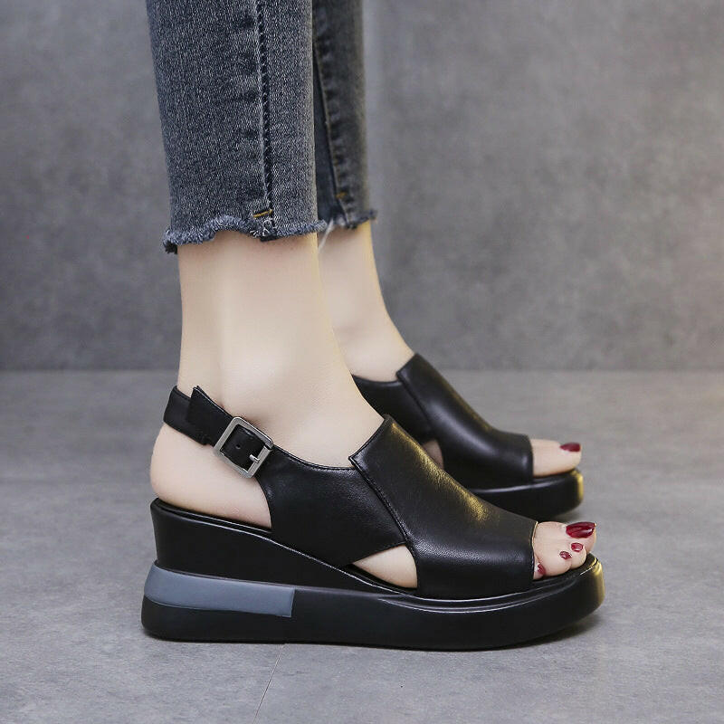 Muffin Thick Bottom Wedge Sandals Women's Summer Wear Back Empty Buckle Sandals And Slippers Large Size High-Heeled Sandals.