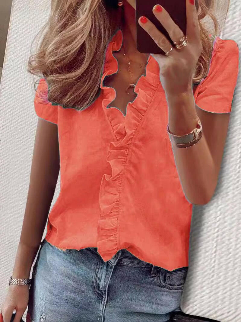 European and American Short-Sleeved Ruffled Shirt for Women.