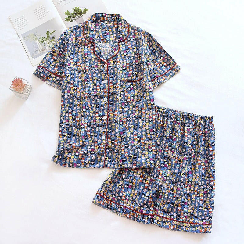 Cotton short sleeved shorts women's sleepwear set.