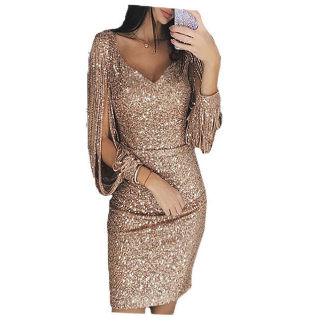 Women Knee Length Party Dress Gold Tassel Dresses Female Bodycon Long sleeve Bright Silk Shiny Dress Vestidos.