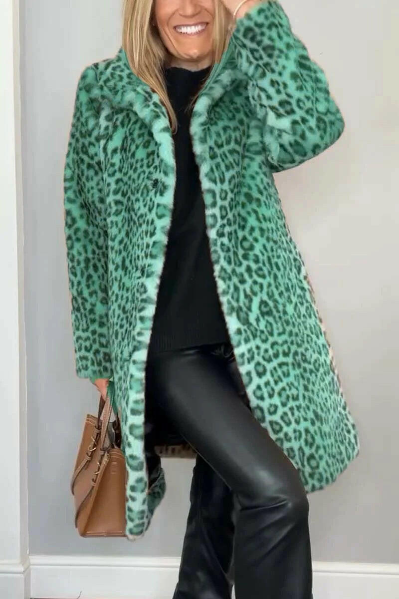 Autumn & Winter Leopard Print Plush Medium-Long Jacket for Women.