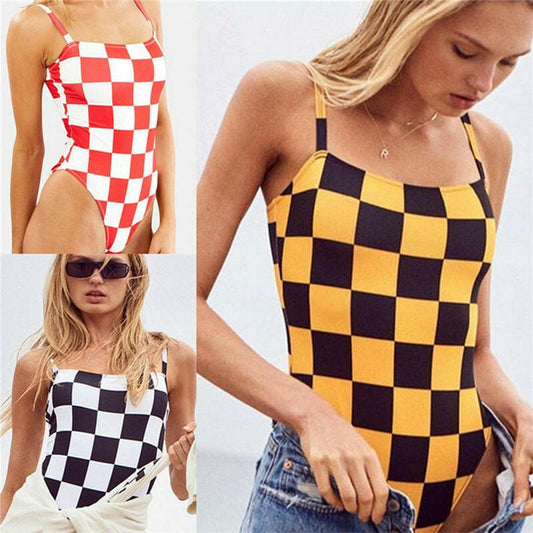 One Piece Women Swimsuit Plaid Printed Sexy Swimwear Ladies Beach Wear Bathing Suit.