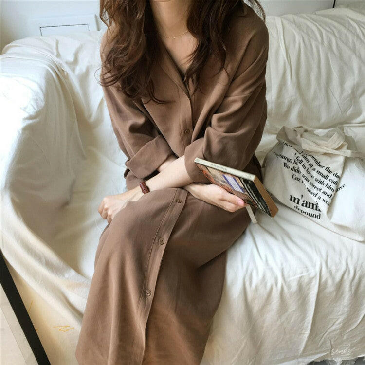 Korea chic Long Sleeve Shirt Dress  New Autumn Spring Casual Patchwork Dresses OL Turn Down Collar Buttons Loose Dresses.