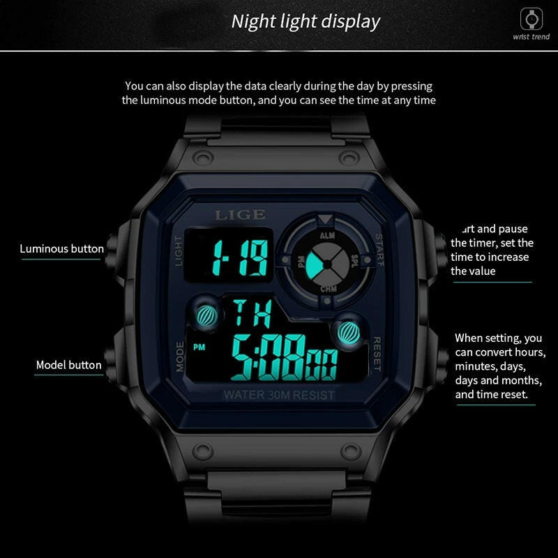 Lige Electronic Watch Unisex Watch Luminous Display Watch Multi-Function Chronograph Alarm Clock.