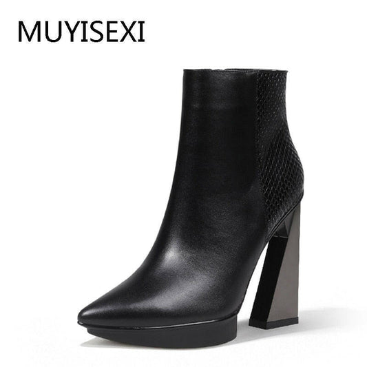 Women Boots Genuine Leather Pointed Toe 11cm High Heels Brand Designer Women Shoes.