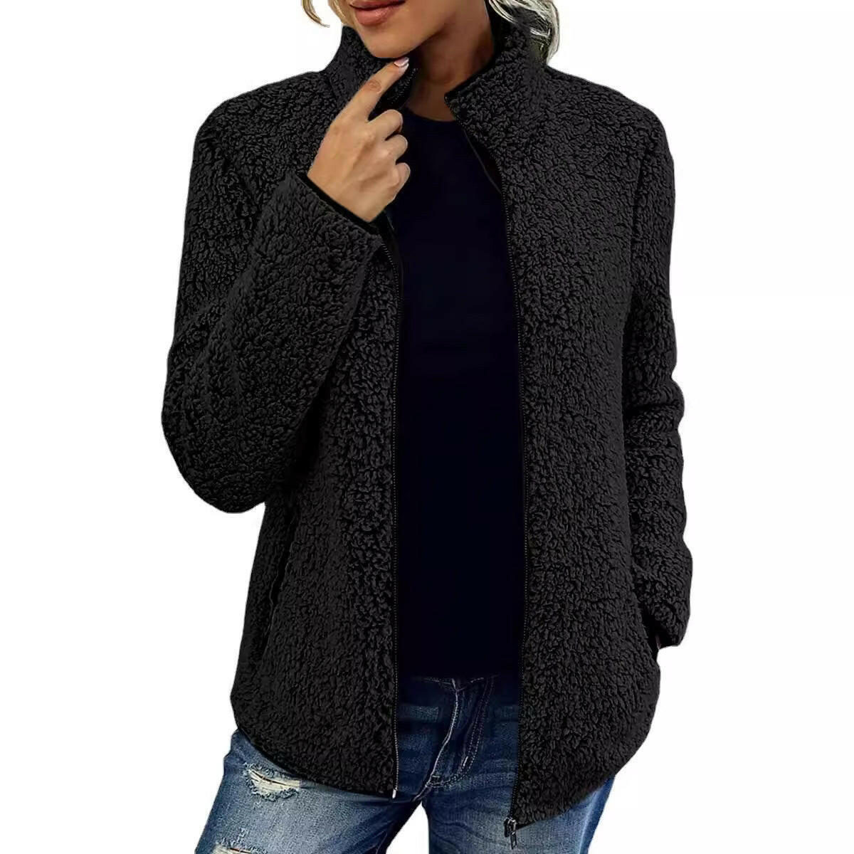 Women's Stand-Up Collar Solid Color Hoodie – Casual Long-Sleeved Zipper Jacket.