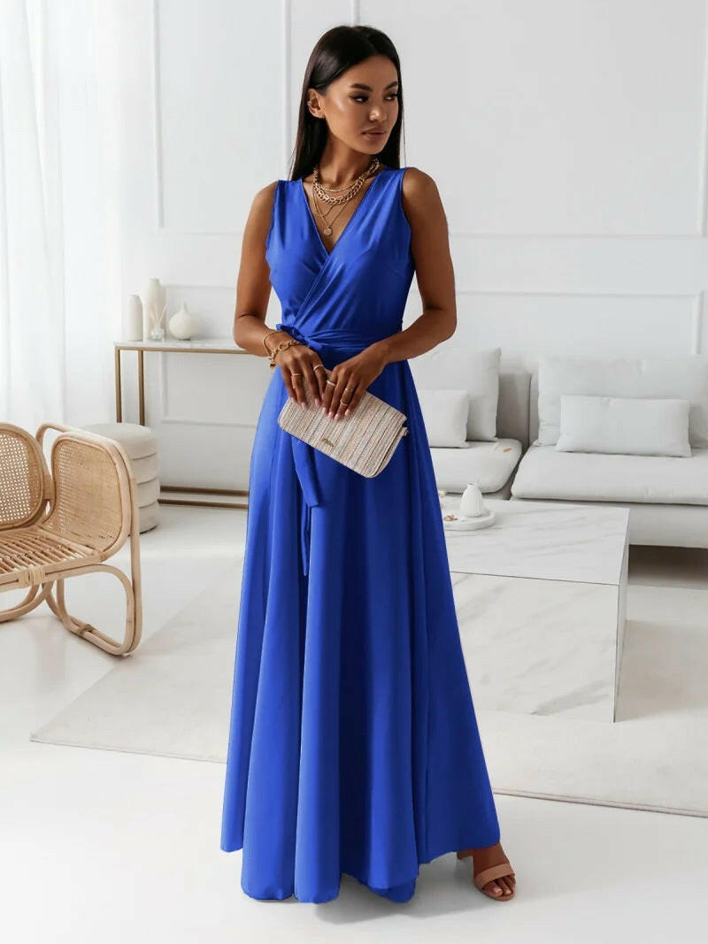 New Women's Solid Color V-Neck Long Dress – Elegant Style.