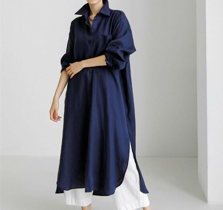 Summer Casual  Long Sleeve Shirt Dress Women Irregular Cardigan Turn-down Collar Elegant Long Dresses.