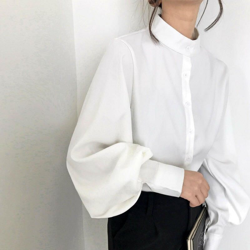 Big Lantern Sleeve Blouse Women Autumn Winter Single Breasted Stand Collar Shirts Office Work Blouse Solid Vintage Blouse Shirts.