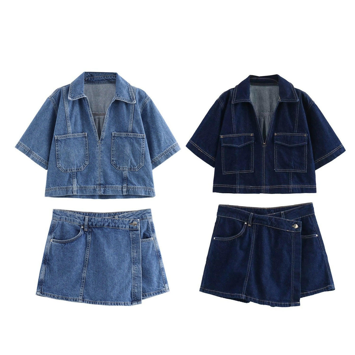 Short Denim Shirt and Double-Breasted Denim Skirt & Pants Set.