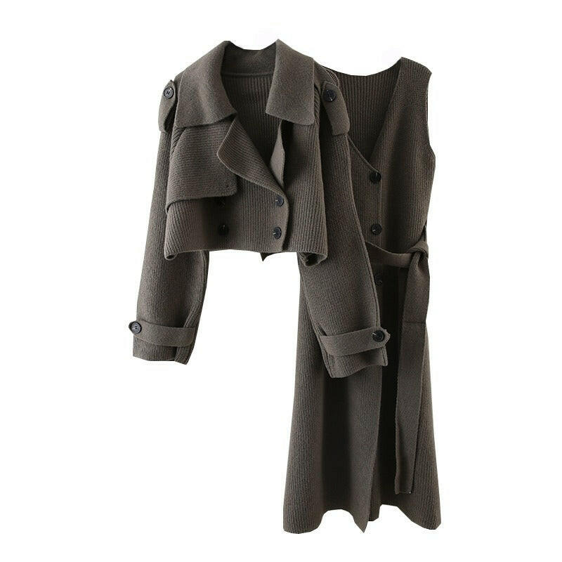 Fashion Knitted 2 Pieces Set For Women Lapel Single Breasted Long Sleeves Patchwork Coat Straight Belt Dresses.