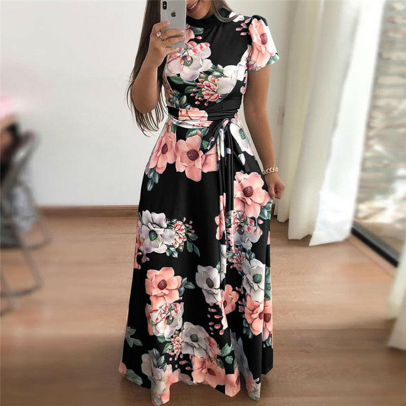 Women Summer Dress  Casual Short Sleeve Long Dress Boho Floral Print Maxi Dress Turtleneck Bandage Elegant Dresses Vestido.