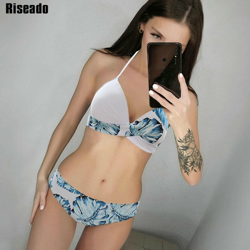 Riseado Sexy Push Up Bikinis Set Swimwear Women Swimsuits Bathing Suit Women Halter biquini Leaf Print Beach Wear Bikini.