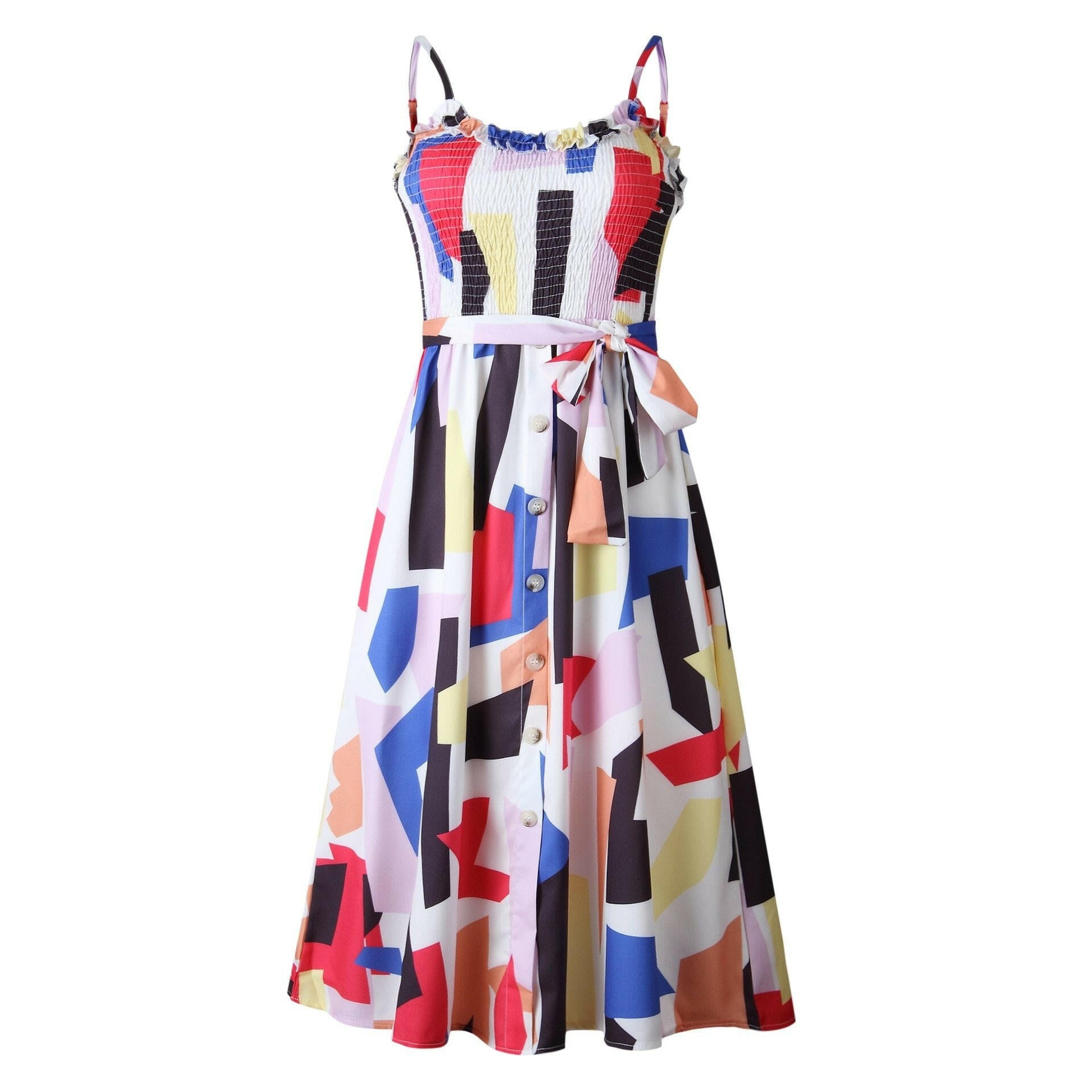 Women Summer Beach Dress Fashion Sling Square Collar Casual Sleeveless Printed Button Female Mid-Calf Dresses.