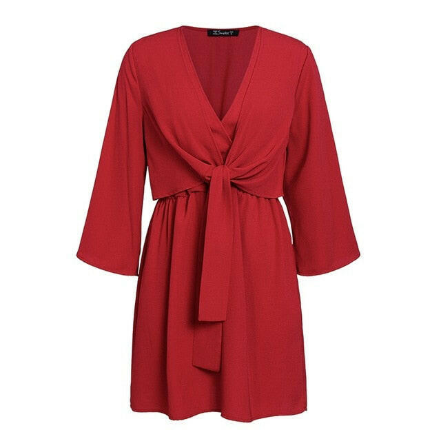 Vintage long sleeve chiffon summer dress women Black bow office bandage dresses Sexy red female ladies short Dress.