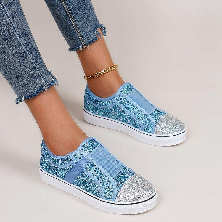 Large Size Canvas Low-Top Shallow Mouth Sequin Shoes.