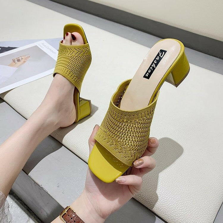 Mid Heel Sandals and Slippers for Women's Summer New Korean Edition Flying Weave Outerwear Fashion Women's Sandals and Slippers.