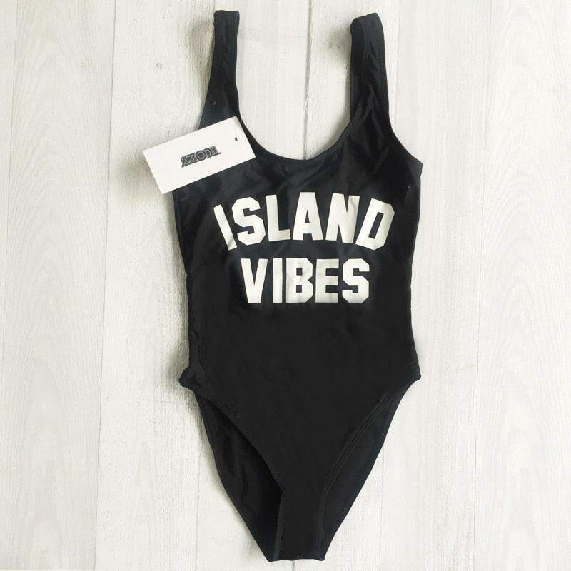 Sexy Swimwear Women ISLAND VIBES Letter Print Swimwear Women High Cut Low Back Bathing Suits.