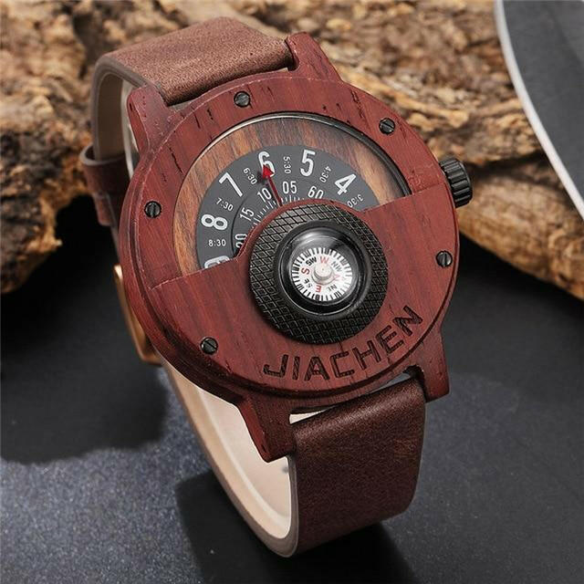 Unique Compass Turntable Design Mens Wooden Watch.