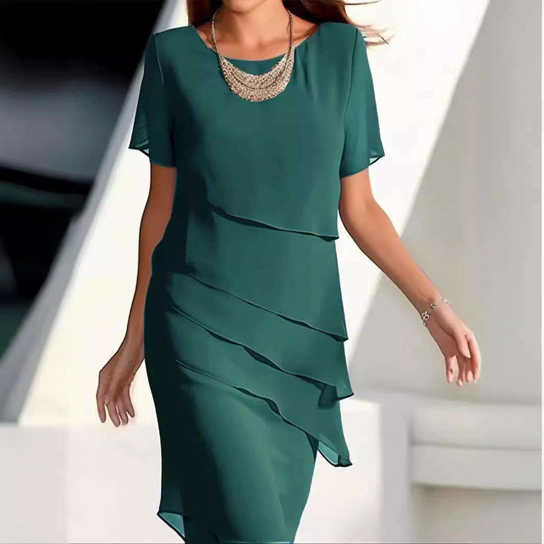 Women's Solid Color Short-Sleeved Sparkling Ruffle Edge Round Neck Casual Dress.