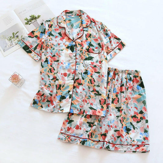 Cotton short sleeved shorts women's sleepwear set.