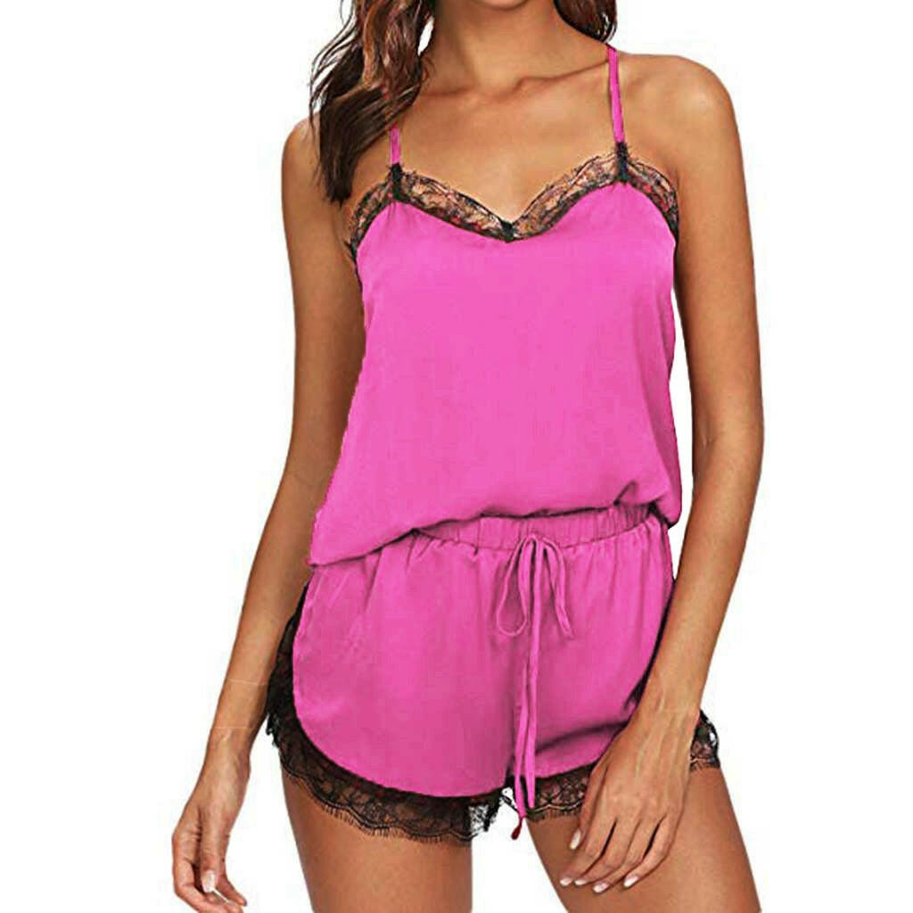 Women Sleepwear Pyjama Sets Sleeveless Strap Lace Trim Satin Cami Top Nightwear Femme Sexy Summer Homewear Sleepwears.