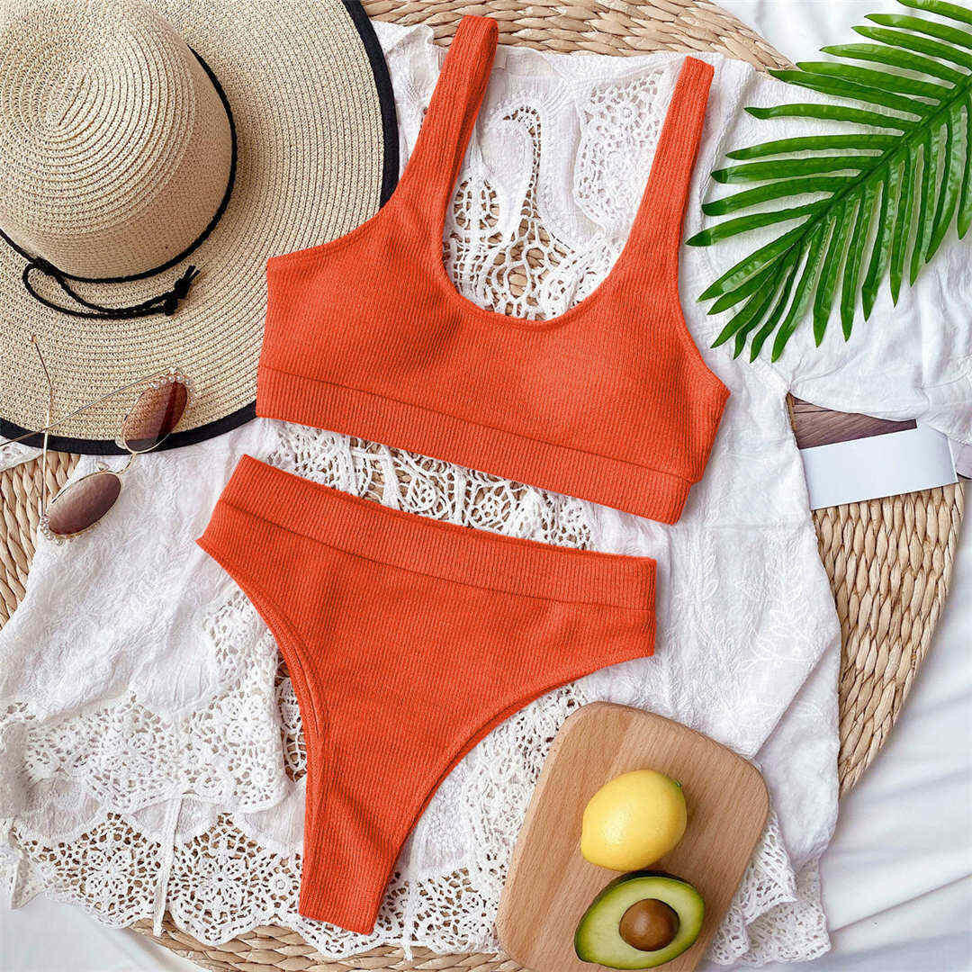 Sexy Ribbed Swimsuit High Waist Bikini Women Swimwear Two-pieces Bikini set Bather Bathing Suit Swim Wear V1946G.