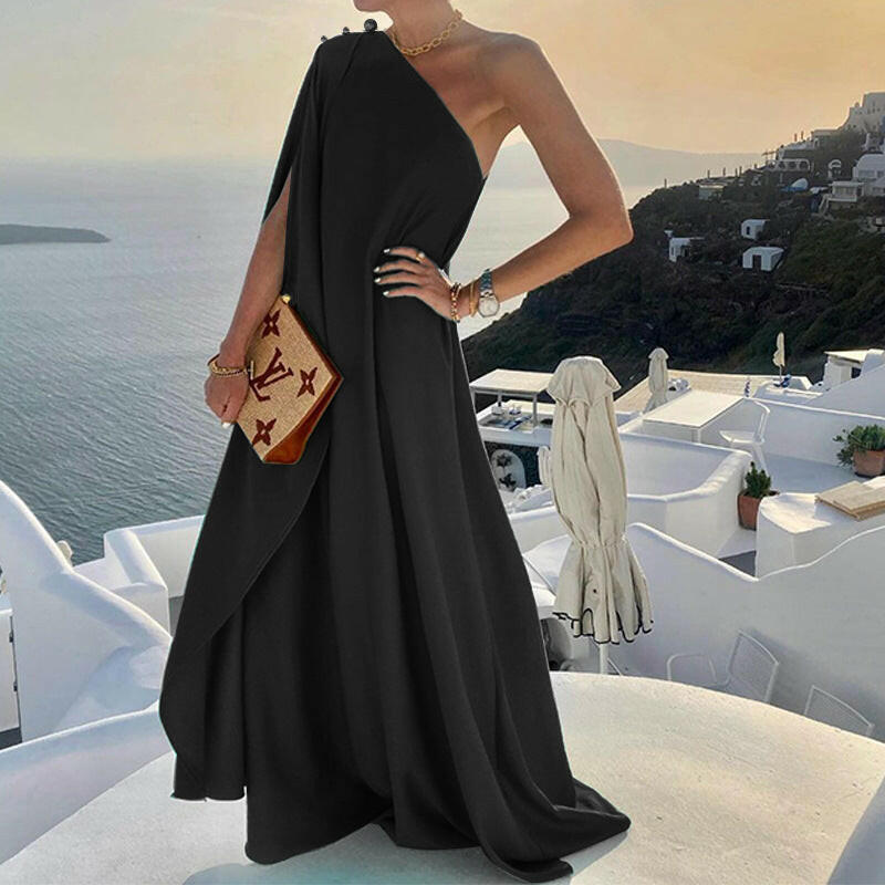 Women's Evening Party Dress Diagonal Collar One Shoulder Sleeve Loose Solid Color Fashion Dresses Summer.