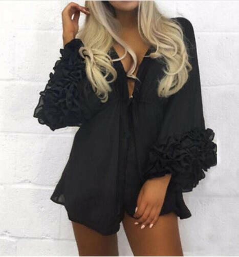 Women Sexy Beach Cover-up Long Puff Sleeve Covers Up Bathing Suit Summer Beach Wear Pareo Swimwear Mesh Beach Dress Tunic Robe.