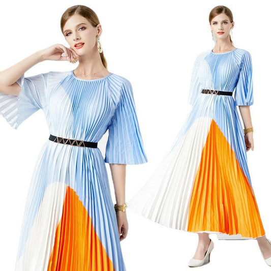 Summer New Hundred Pleated Printed Long Dress With O-Neck Half Sleeves Elegant Ladies Flare Women Dresses.