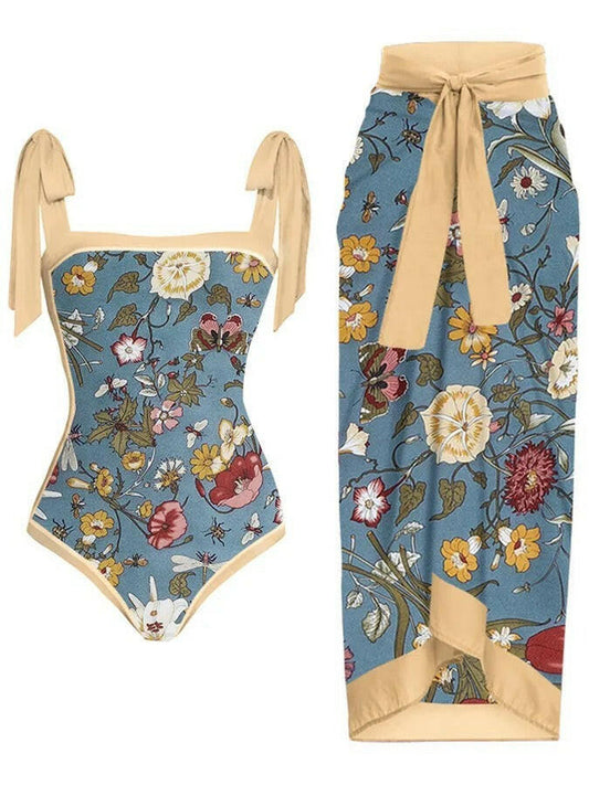 Chiffon Printed Swimsuit Women's Conservative Bikini Beach Outdoor Swimwear.