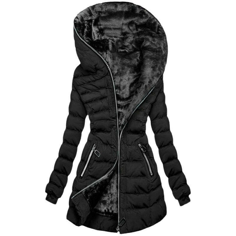 Women's Hooded Long-Sleeve Plush Cotton Winter Jacket – Warm & Cozy Mid-to-Long Length Coat.