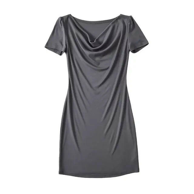 Women Short Sleeve Ruched Slim Gray Dress Summer Casual Swinging Collar Short Dresses.