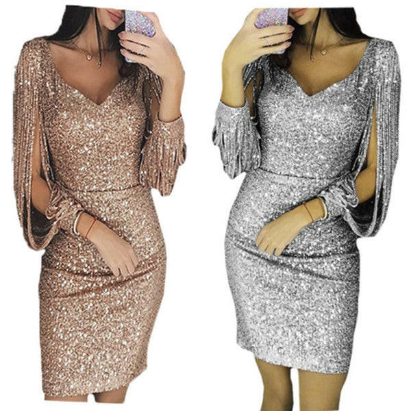 Women Knee Length Party Dress Gold Tassel Dresses Female Bodycon Long sleeve Bright Silk Shiny Dress Vestidos.