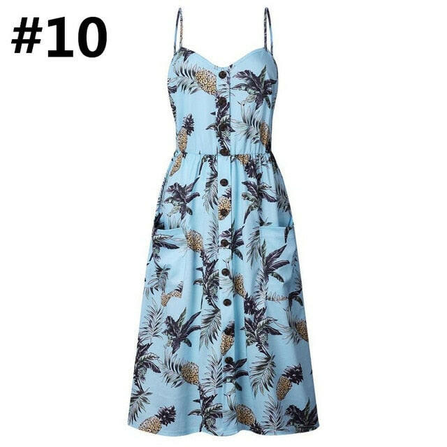 Sexy Women Floral Sleeveless Long Dresses Ladies Spaghetti Strap Sundress Printing Sling Button Backless Sexy Dress 20 Color W6.