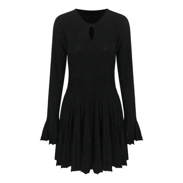 Korean Fashion Dresses for Women Autumn Winter Elegant Flare Sleeve Black Knit Wool Dress  High Quality Vestidos.