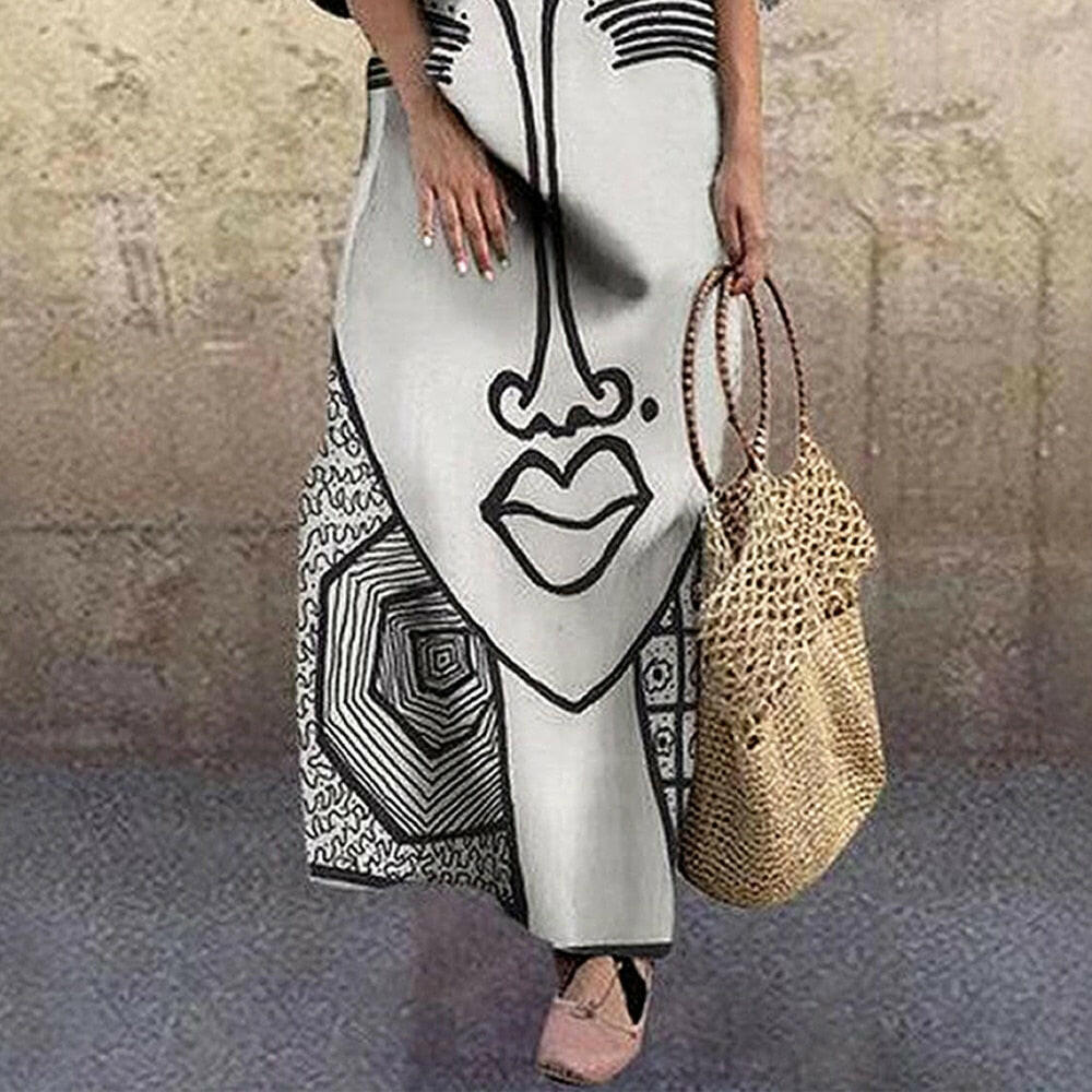 Vintage Portrait Print Dress Abstract Face High Waist Women Dresses.